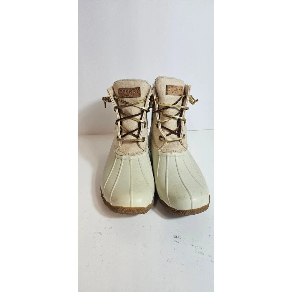 Sperry Saltwater Duck Boots Womens 8.5 Cream Tan Canvas Waterproof STS80493